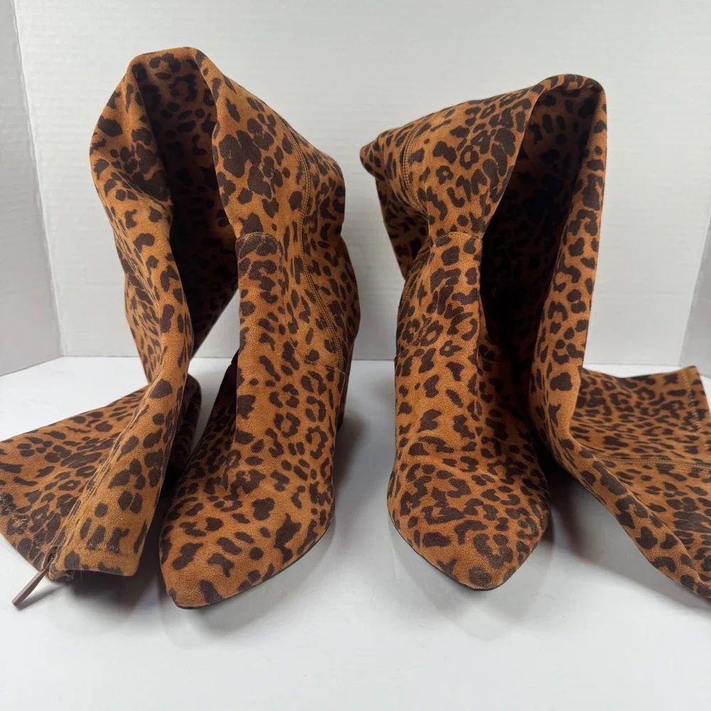 Torrid Womens Leopard Print Over The Knee Boots Pointed Toe Block Heel 8W Brown